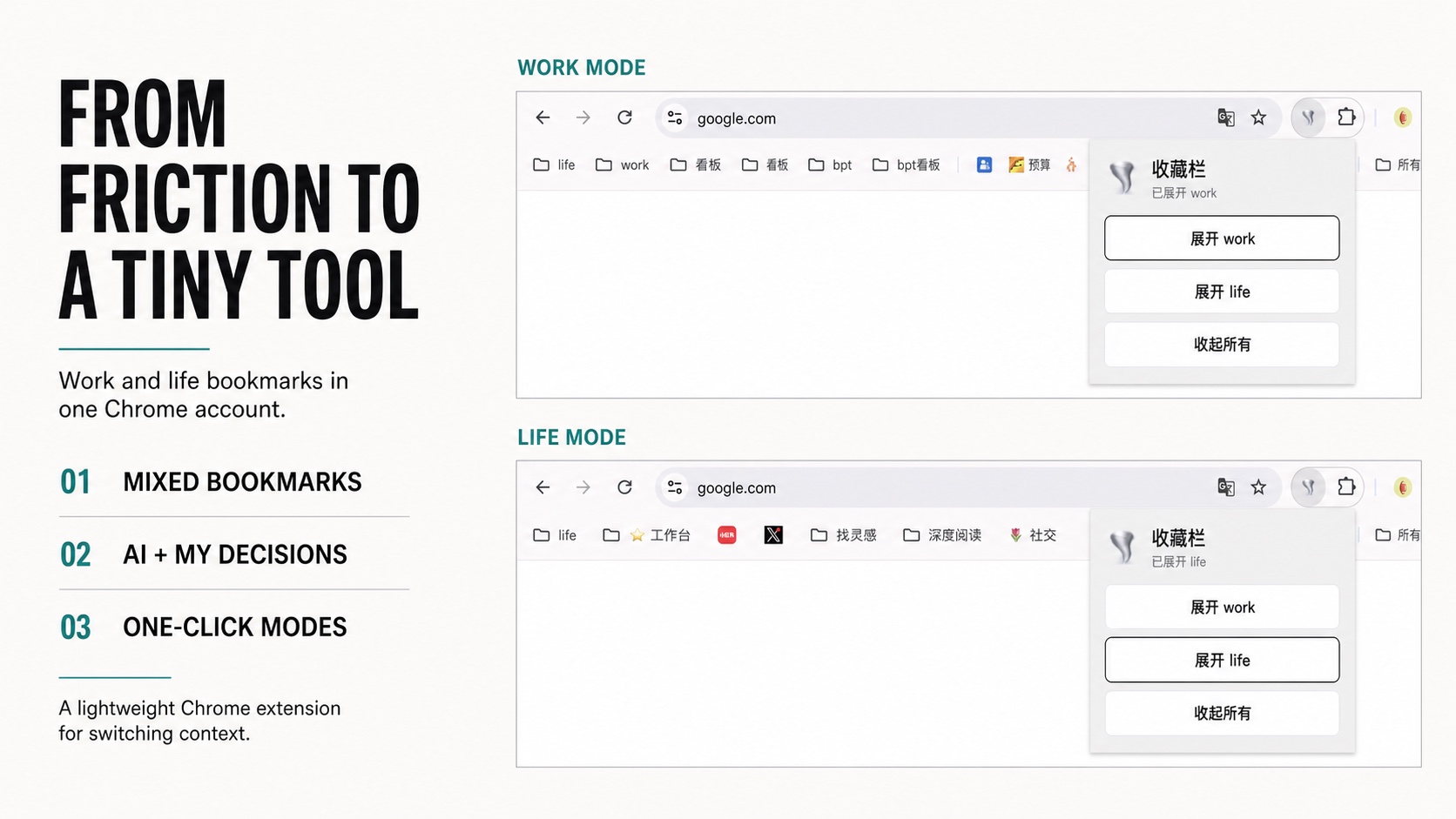 Real Chrome bookmark switcher comparison showing Work Mode and Life Mode