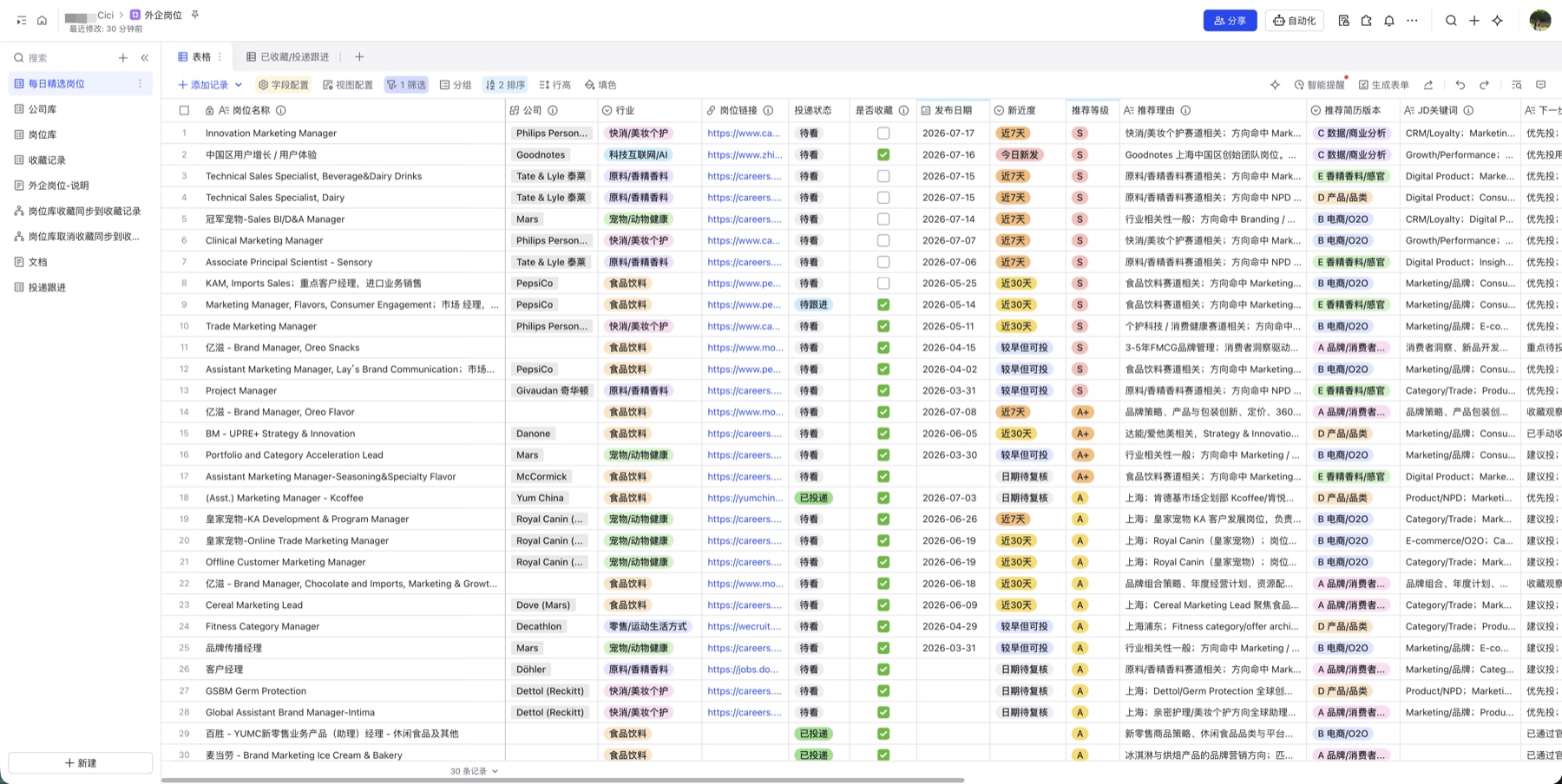 Real Feishu Base job radar with ranked opportunities, role details and application fields