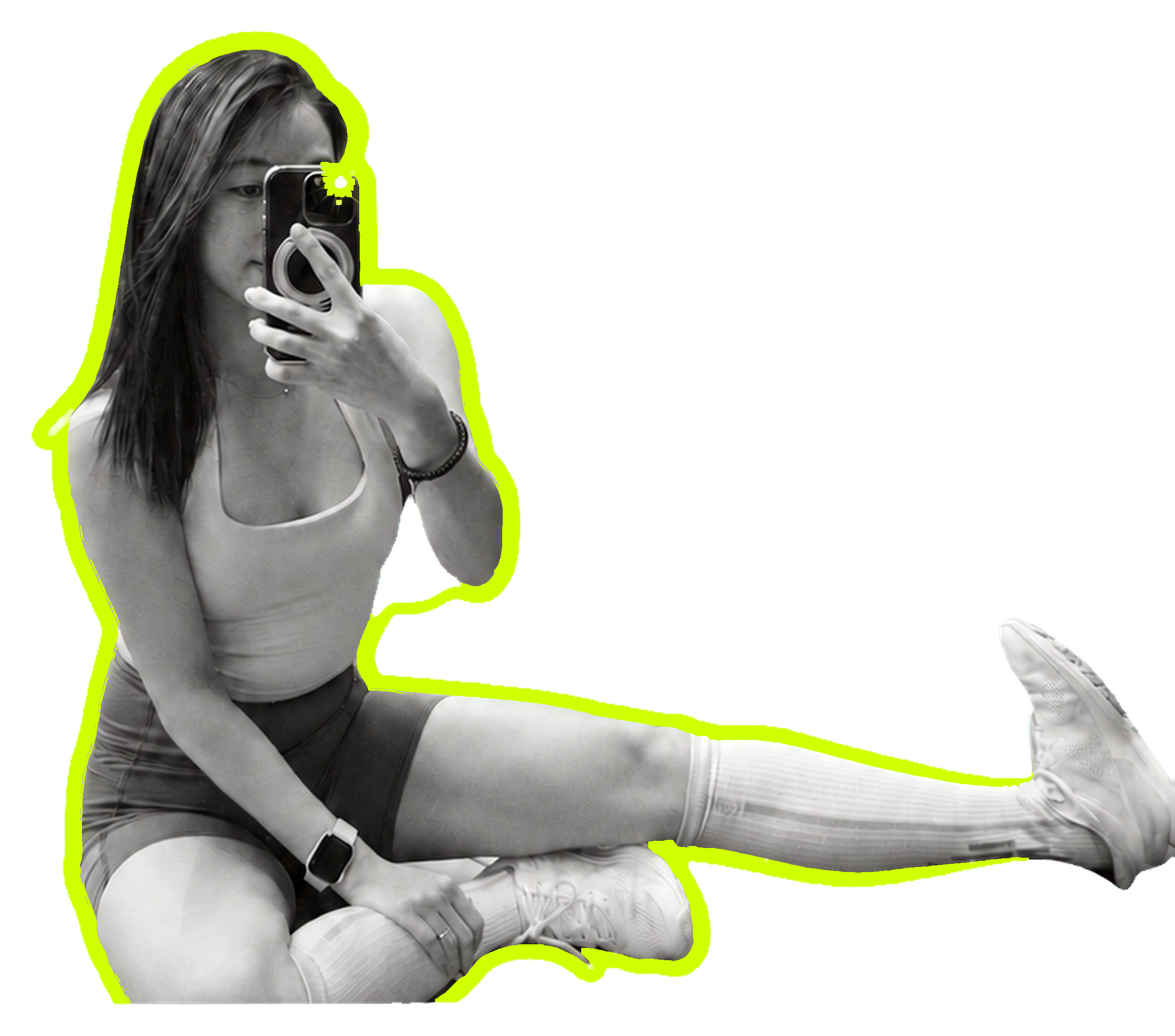 Cici seated after training, cut from the original photograph with a lime outline