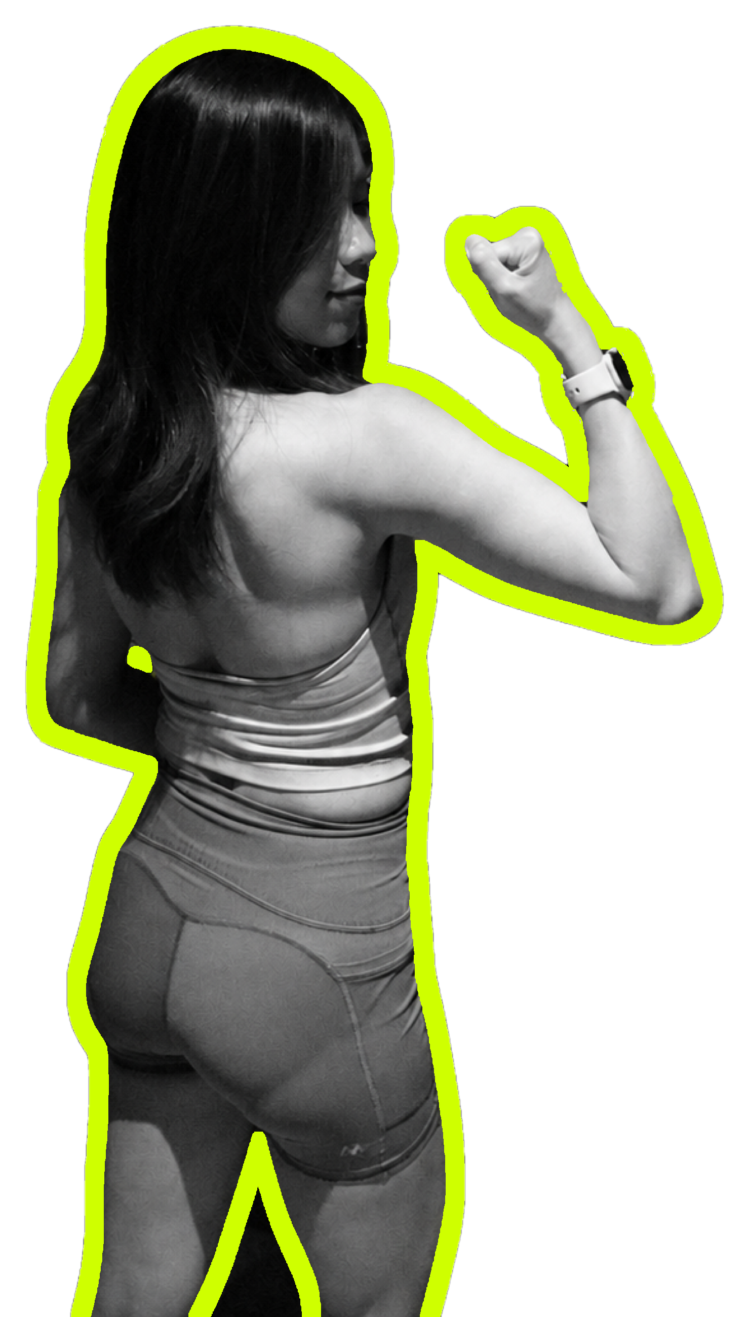Cici flexing after training, cut from the original photograph with a lime outline