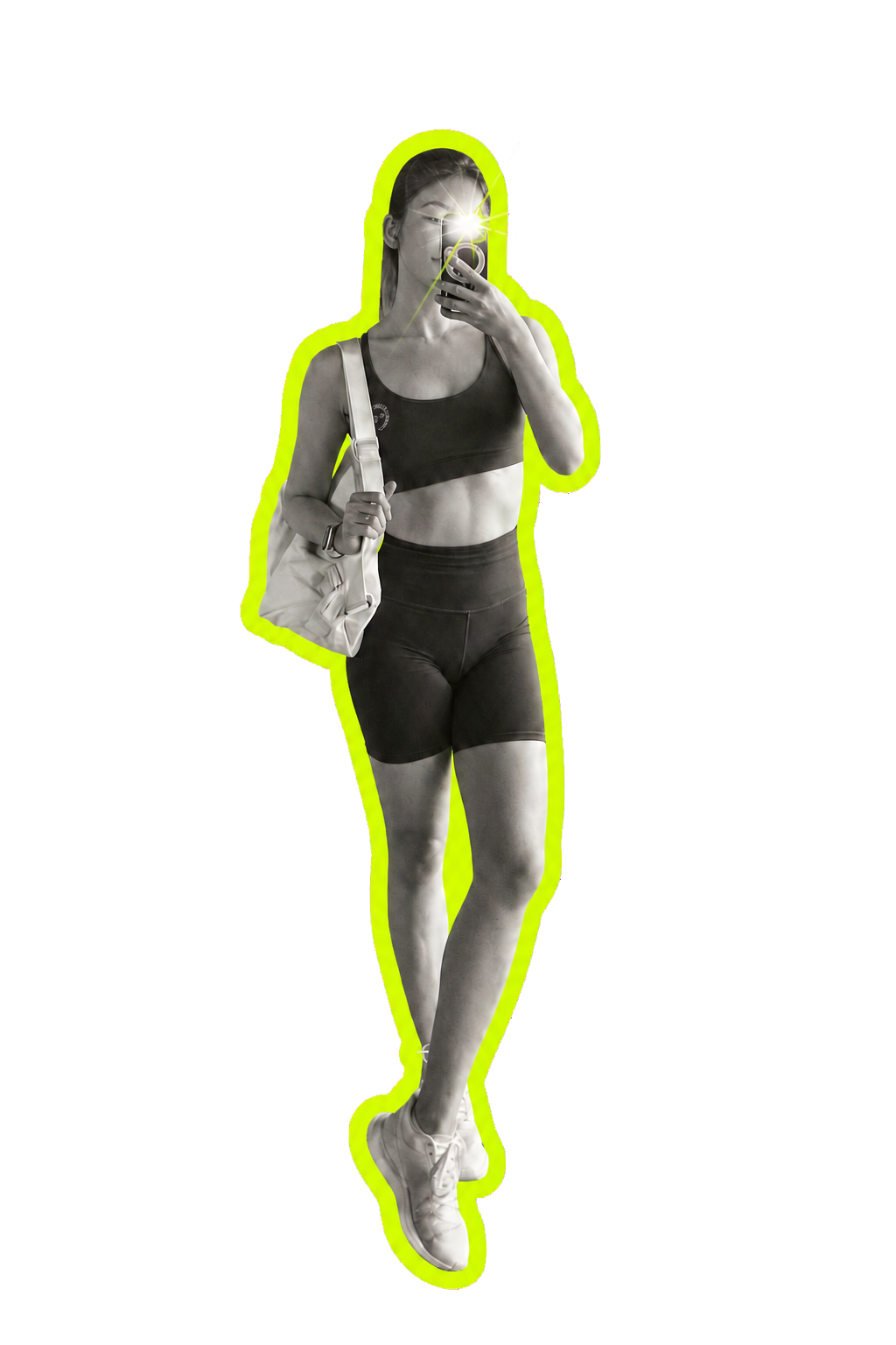 Cici taking a gym mirror portrait in sportswear, rendered in monochrome with a lime outline and compact phone flash